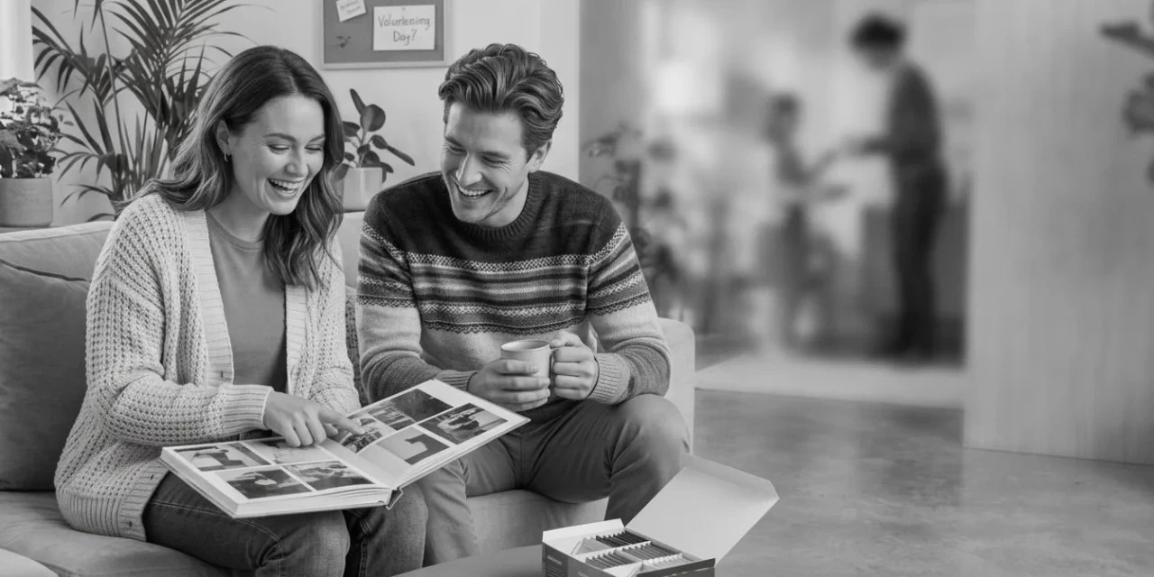 Beacon ESFJ: a couple laughs while looking through a family photo album in a cozy living room