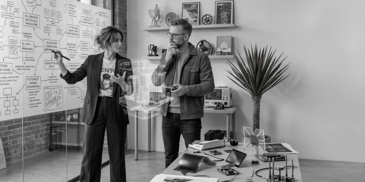 Catalyst ENTP: a woman presents an idea diagram on a board while a man listens thoughtfully in a workshop