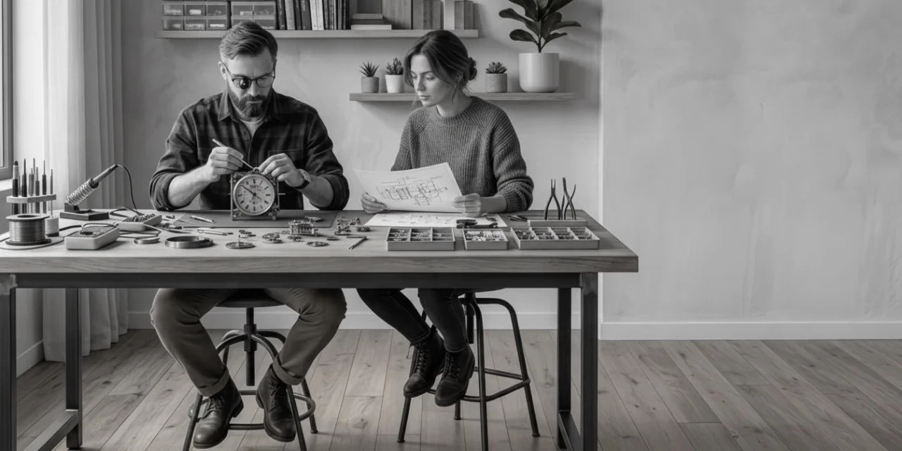 Craftsman ISTP: a man repairs a clock mechanism at a workbench while a woman studies a blueprint beside him