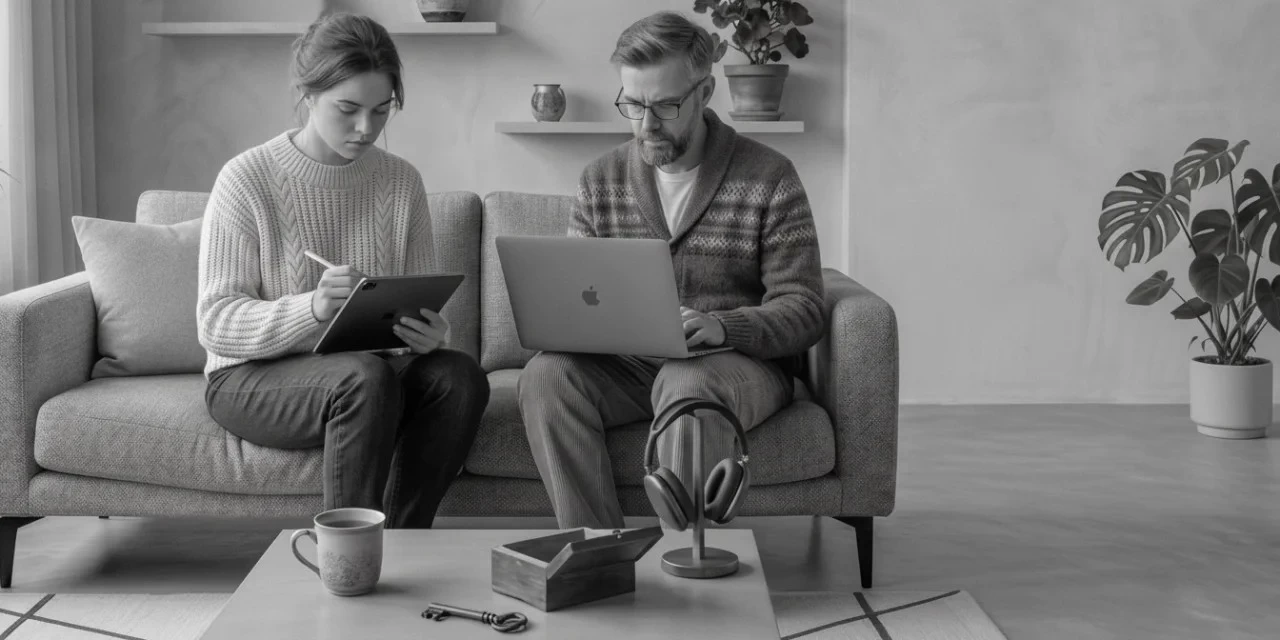 Custodian ISFJ: a man and a woman work with a laptop and tablet beside a cup of tea on the couch