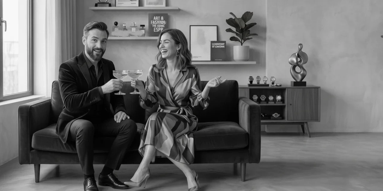 Duke ESFP: a couple laughs and raises their glasses together on the couch in a stylish living room