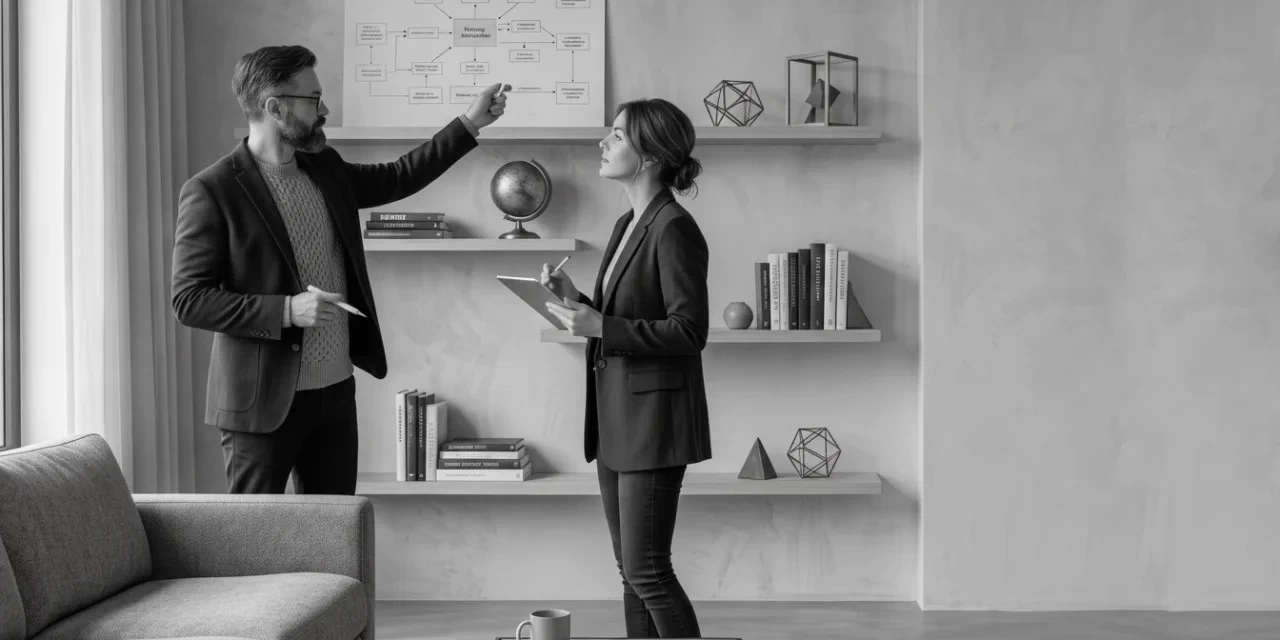 Executor ENTJ: a man points at a strategy diagram on the wall while a woman takes notes on a tablet