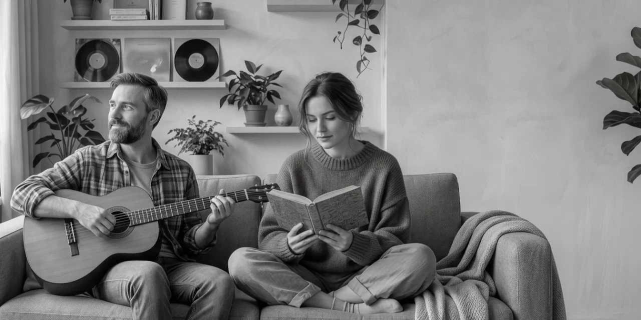 Flamekeeper INFP: a man plays guitar while a woman reads an old book beside him on the couch