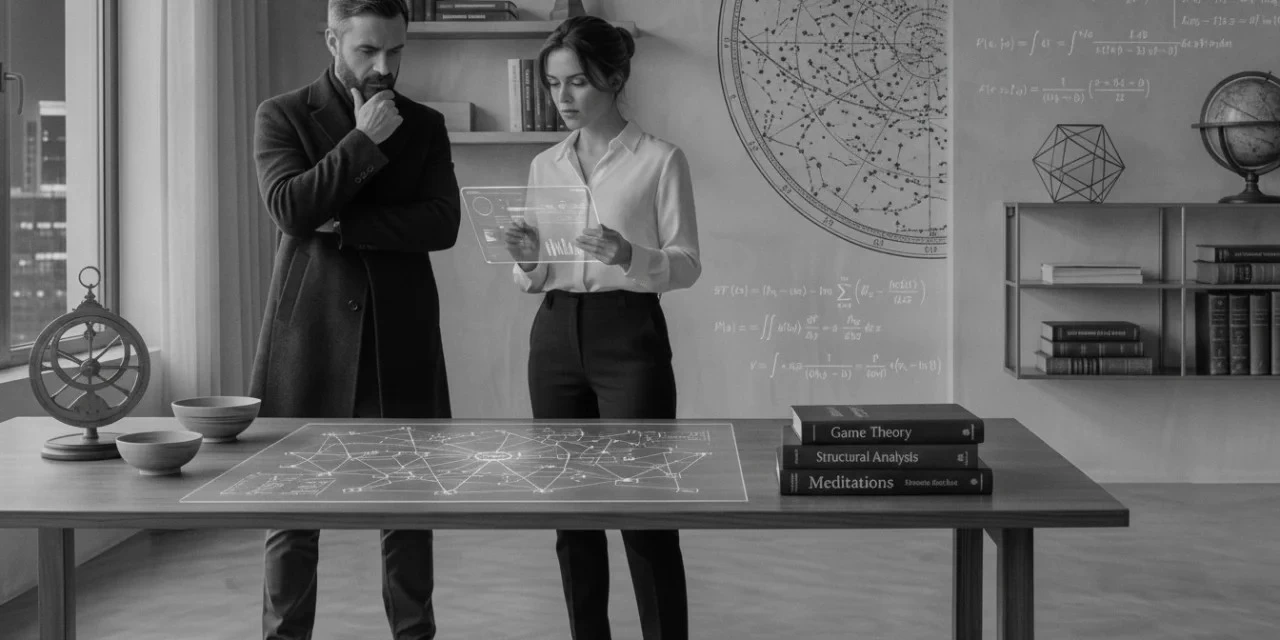Grandmaster INTJ: a man and a woman examine a holographic chart among equations and books in a study