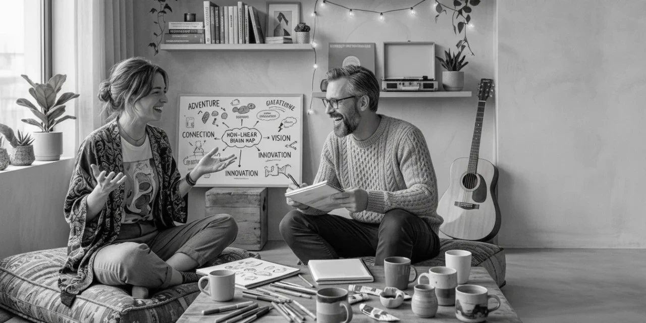 Harbinger ENFP: a laughing couple brainstorms ideas on a diagram, surrounded by paints and a guitar