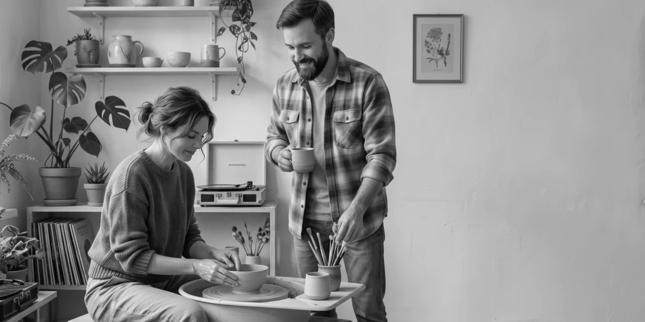 Harmonist ISFP: a woman shapes a clay bowl on a pottery wheel while a man stands beside her with a mug