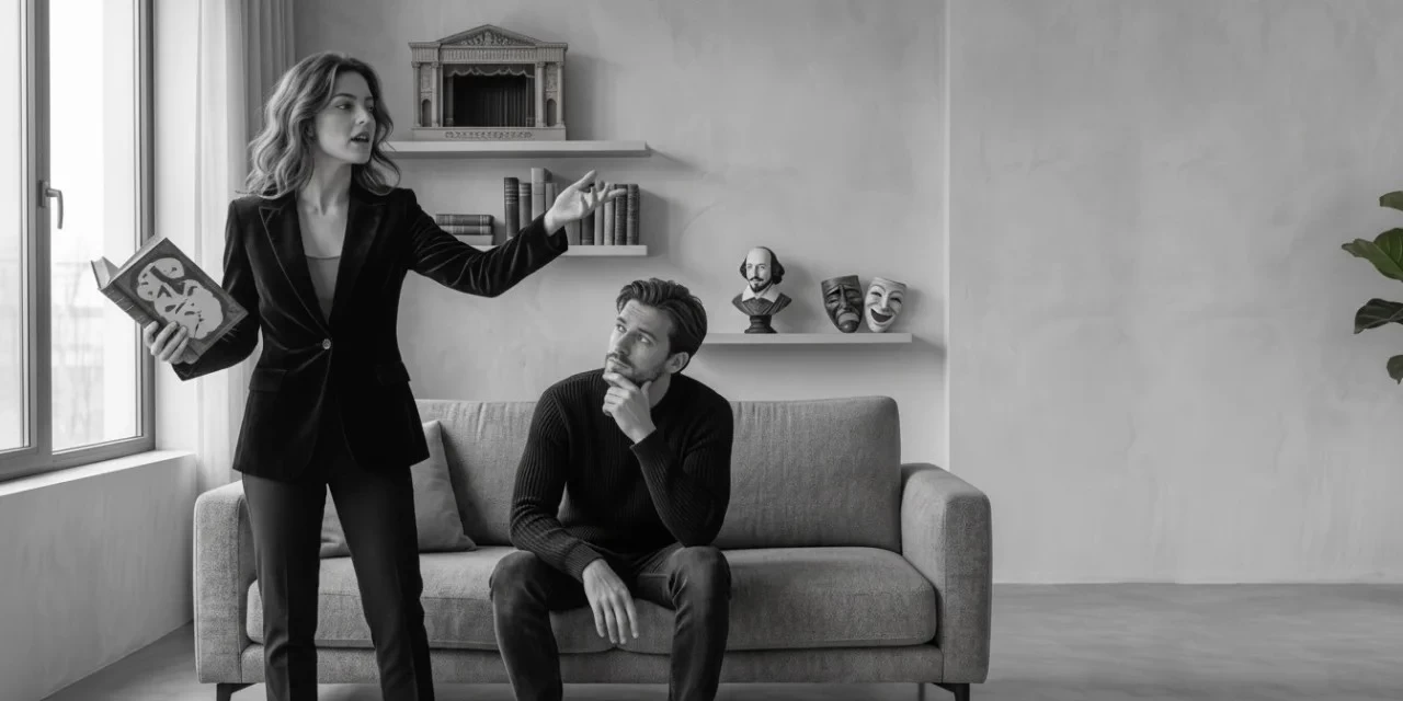 Herald ENFJ: a woman gestures passionately holding a book while a man listens thoughtfully on the couch