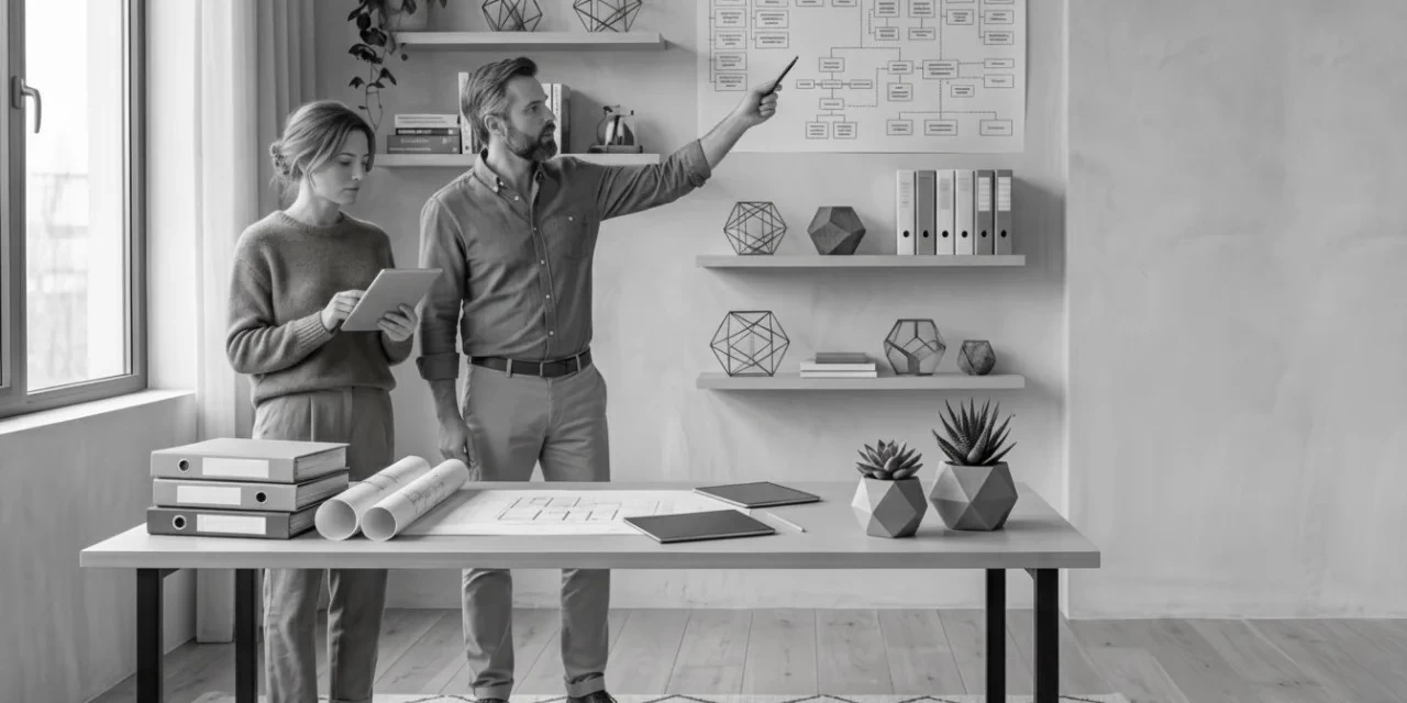 Overseer ESTJ: a man points at a chart on the wall while a woman reviews blueprints with a tablet