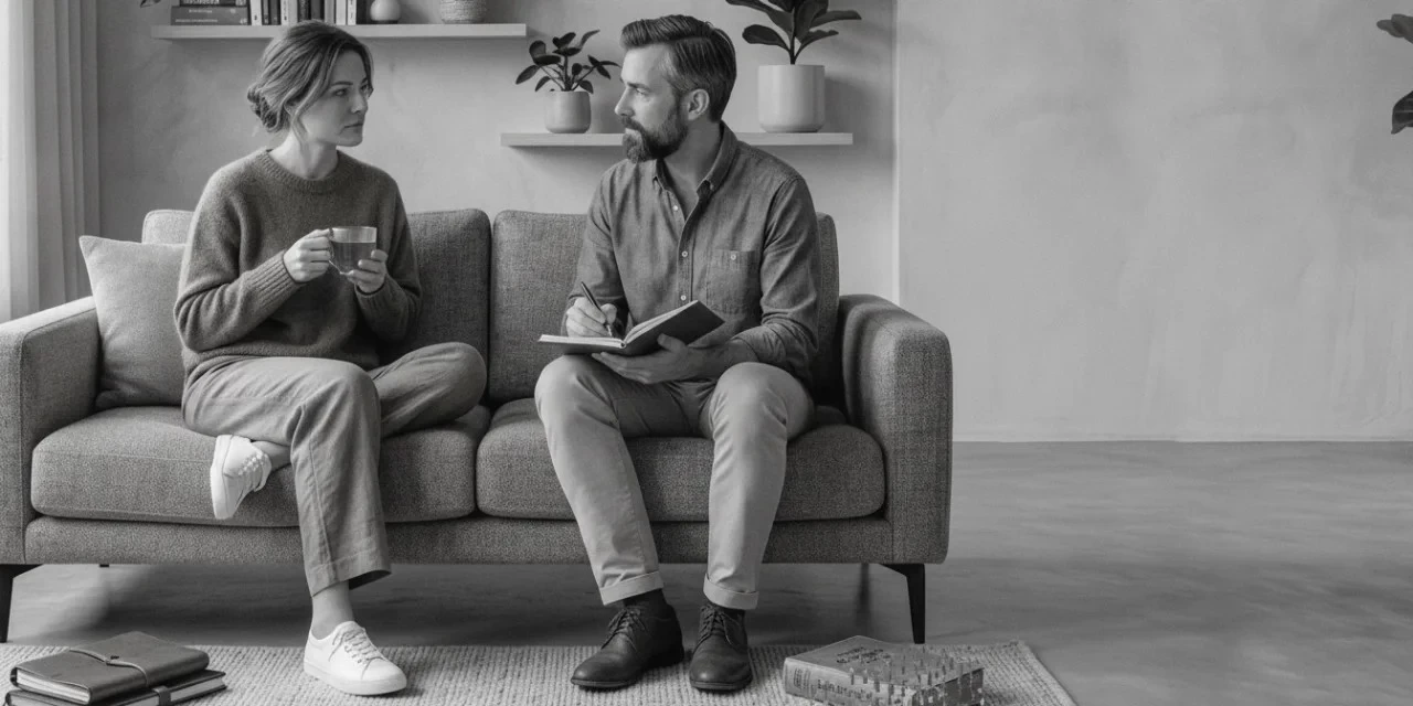 Sage INFJ: a man and a woman share a thoughtful conversation over tea and a notebook on the couch