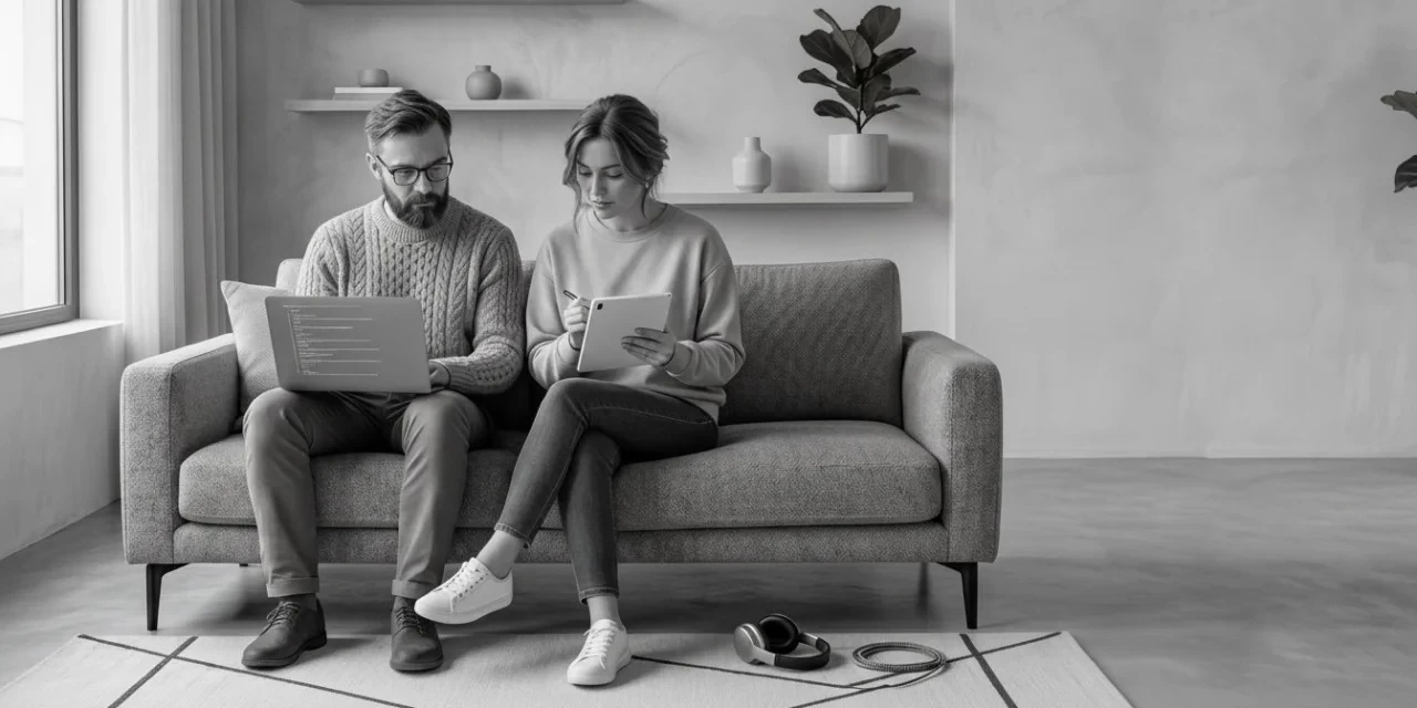 Seer INTP: a man and a woman work calmly together with a laptop and tablet on the couch