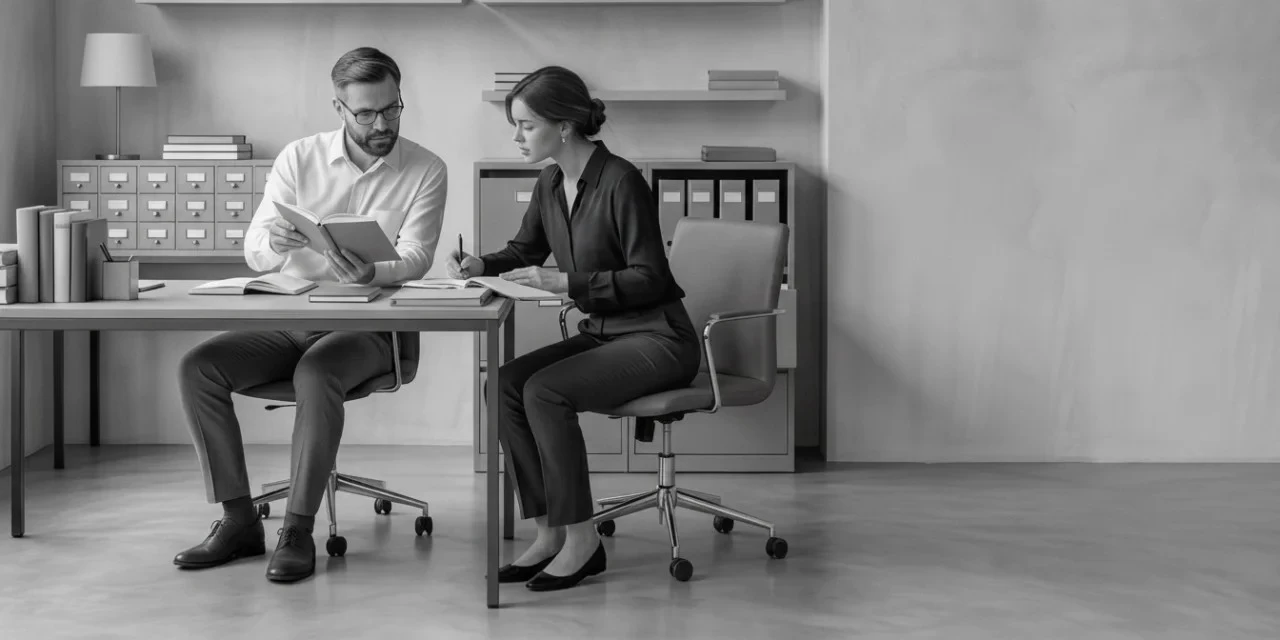Sentinel ISTJ: a man and a woman work with quiet focus at a desk in a well-organized office