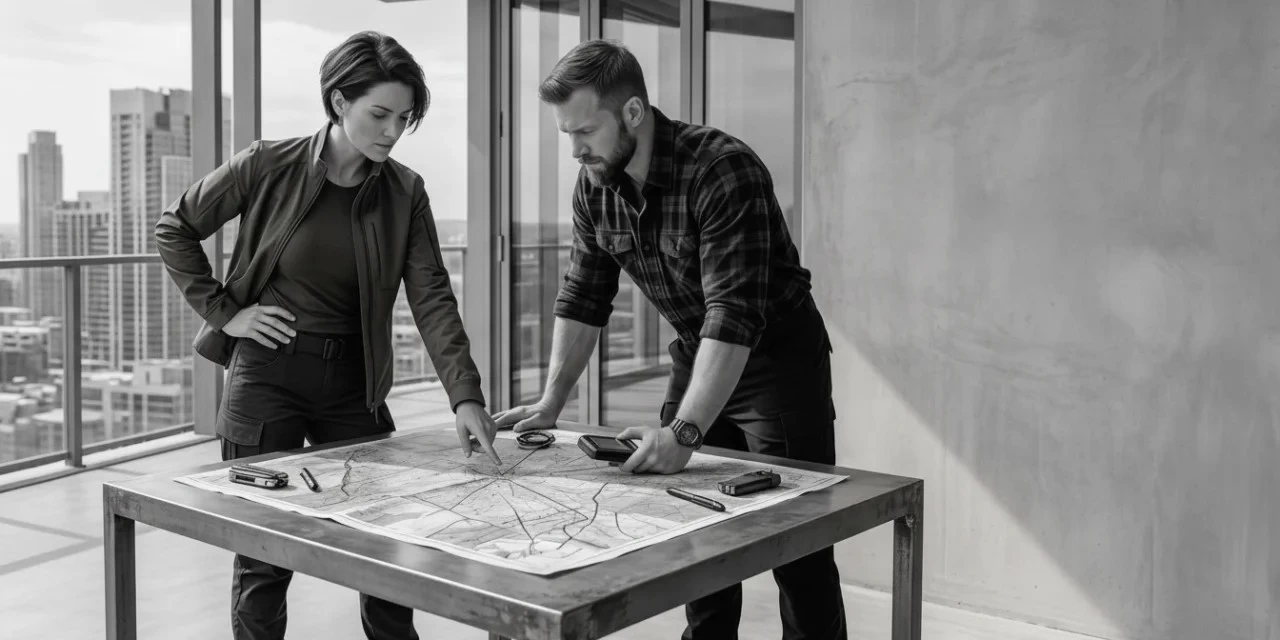 Warlord ESTP: a man and a woman study a map spread on a table in an apartment overlooking the city
