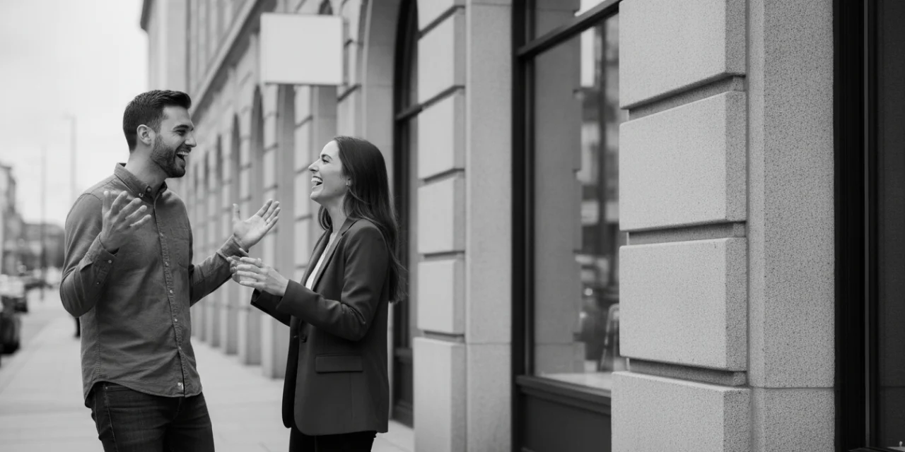 Activation relations: a man and a woman laugh and gesture animatedly in an energized street conversation