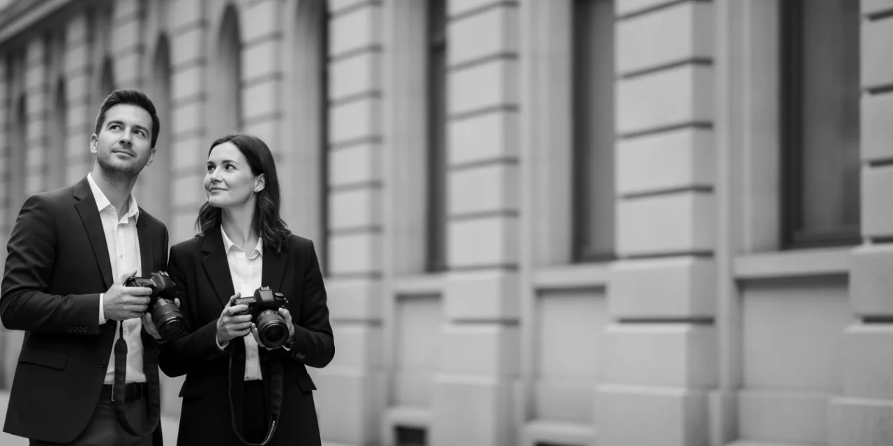 Business relations: a man and a woman with matching cameras, each shooting their own subject