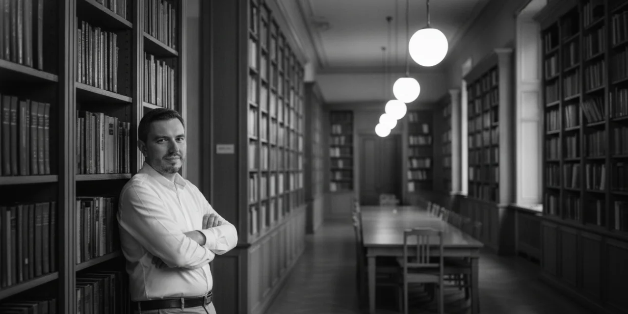 16 CoreTypes theory: Lex Tarrel, creator of CoreTypes, standing in a library aisle