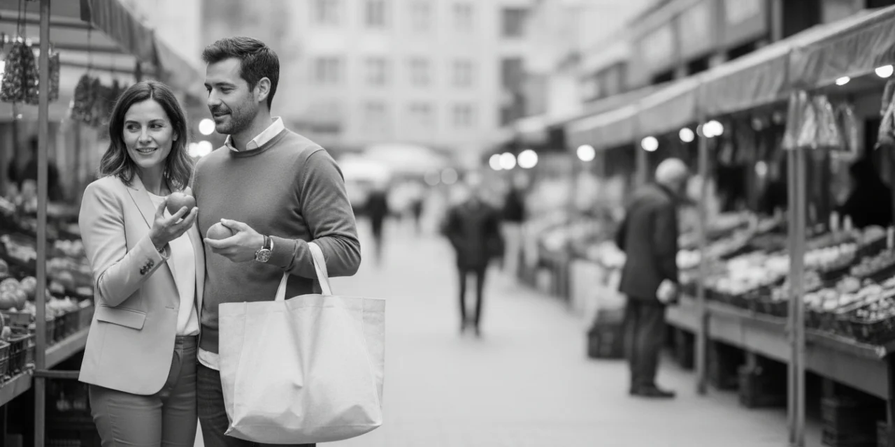 Dual relations: a man and a woman calmly choosing fruit together at a market, without a word