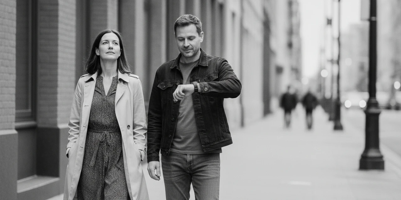 INTP and INFP compatibility: two adults walk side by side, one checking the time, the other gazing into the distance