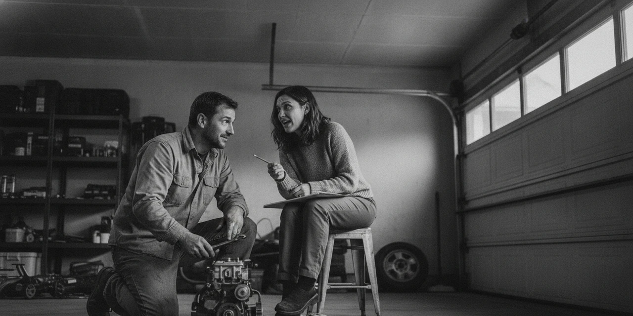 ISTP and ENTP compatibility: she pitches an idea in the workshop while he finishes fixing what's in his hands