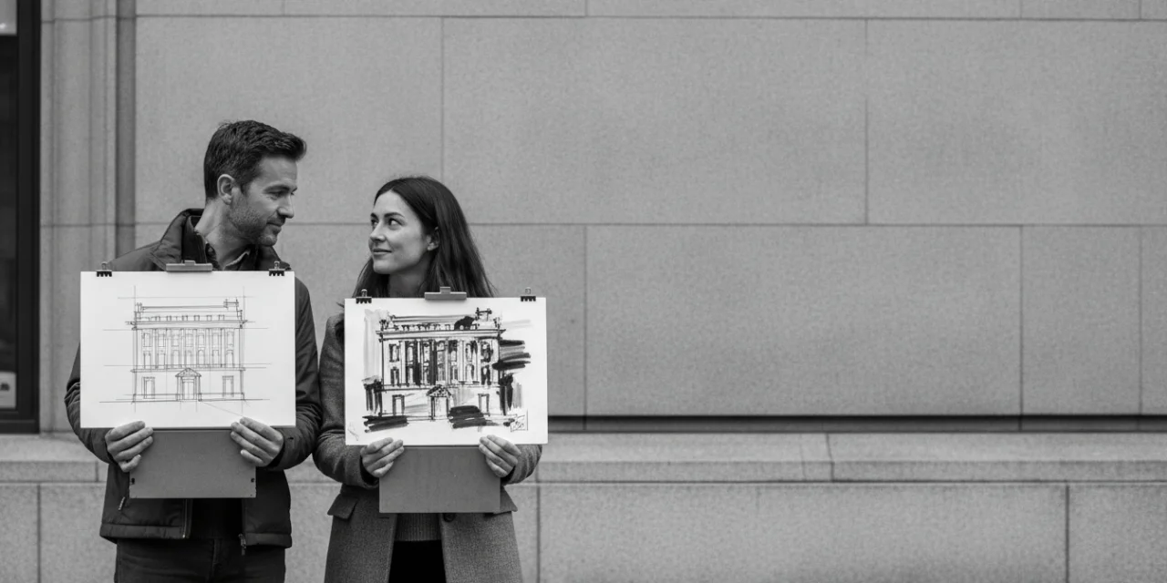 Kindred relations: a man and a woman hold sketches of the same building in two different styles
