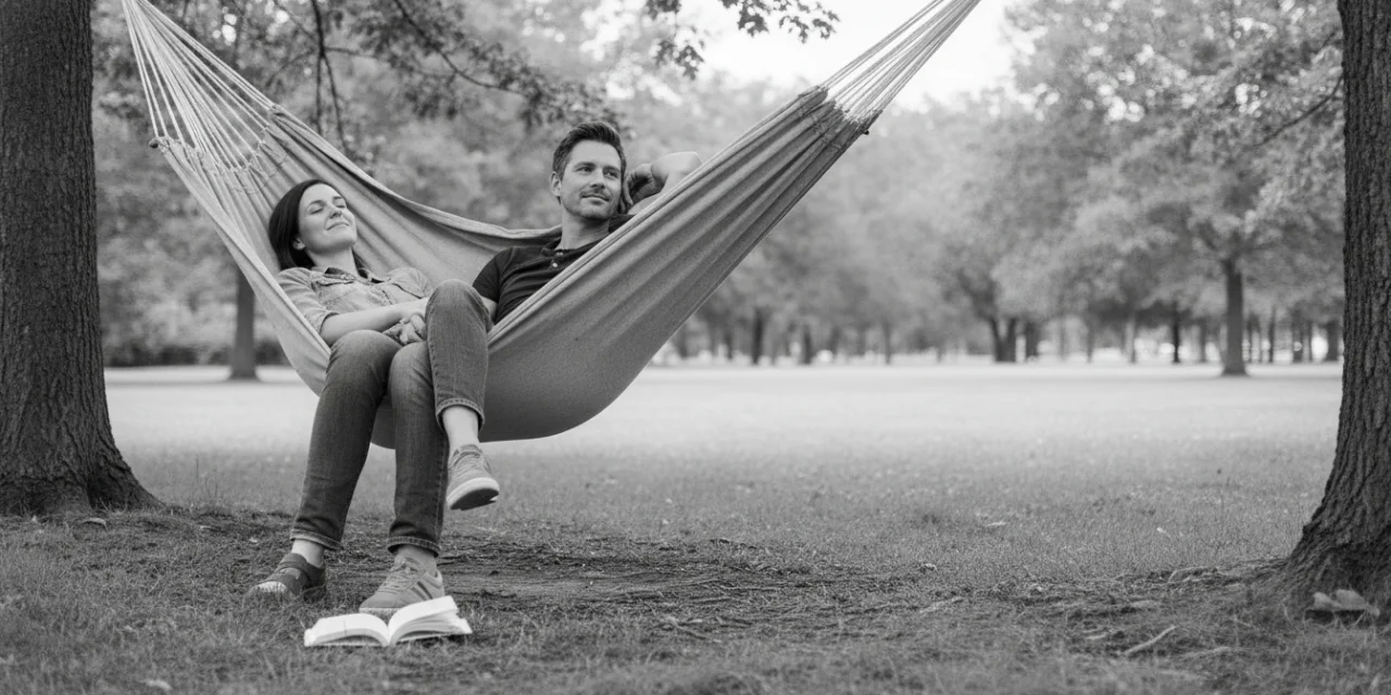 Mirage relations: a man and a woman relax together blissfully in a hammock in the park