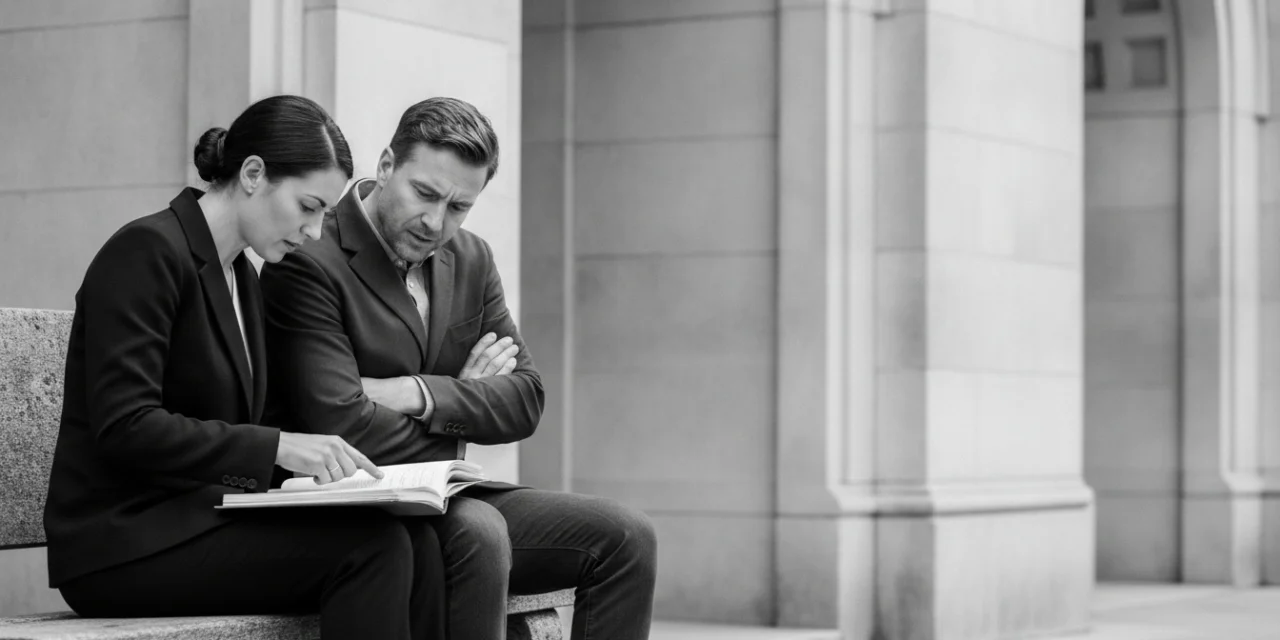 Mirror relations: a man and a woman debate and correct each other while reviewing shared notes