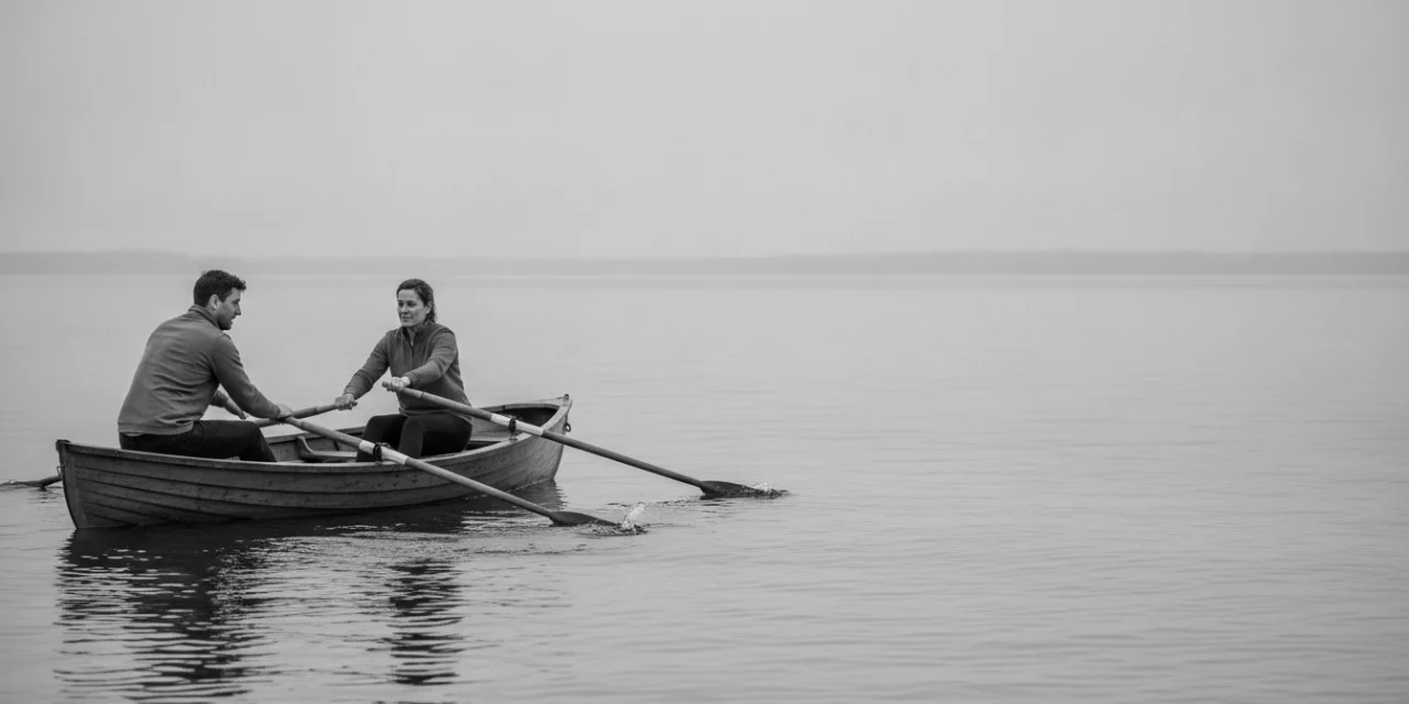 Quasi-identical relations: a man and a woman row oars in different directions in a boat