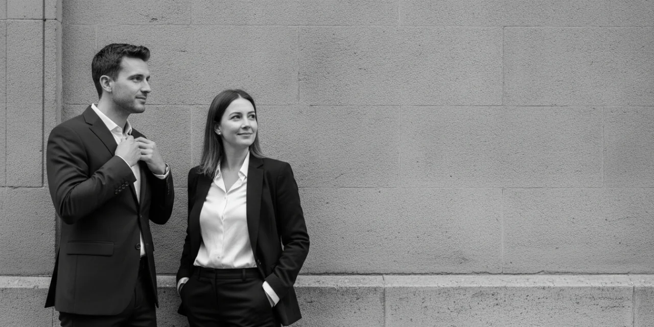 Request relations: a man straightens his collar while a woman looks away, unaware