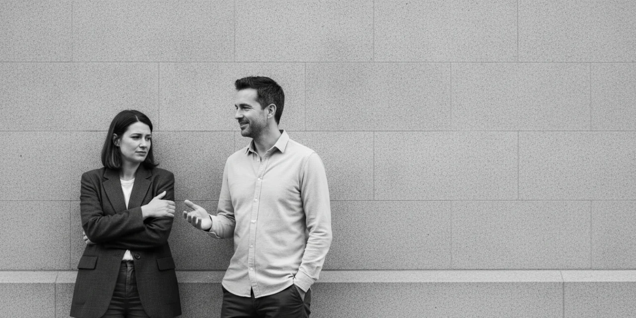 Revision relations: a tense, guarded woman and a calm, unaware man talking beside a wall