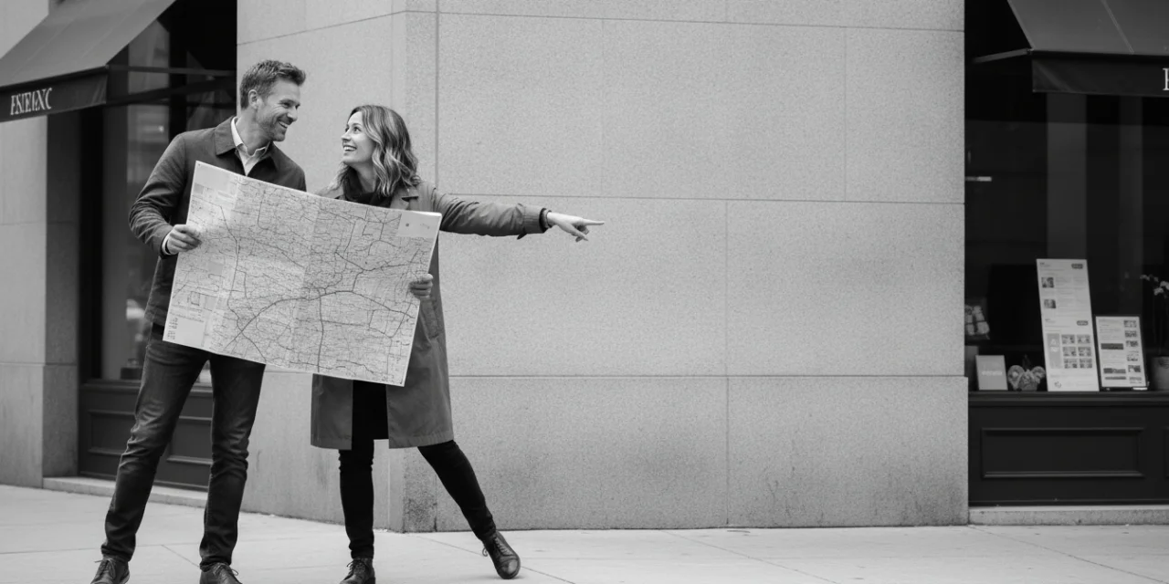 Semi-dual relations: a man and a woman playfully disagree about which way to go on a city street