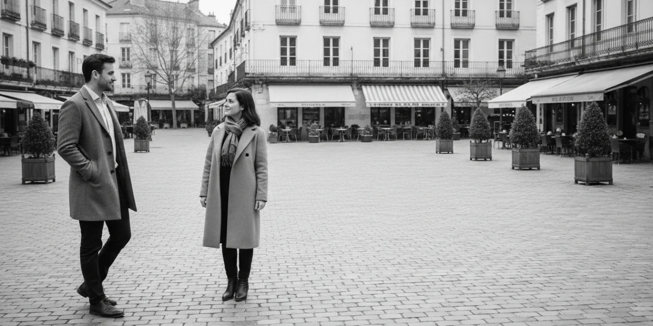 Super-Ego relations: a man and a woman gaze at each other across a distance in the square