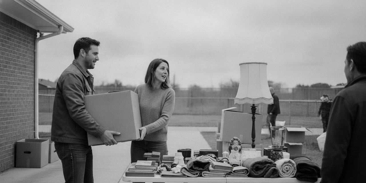 ENFP and ESFP compatibility: both hands lifting the same box onto a garage sale table together