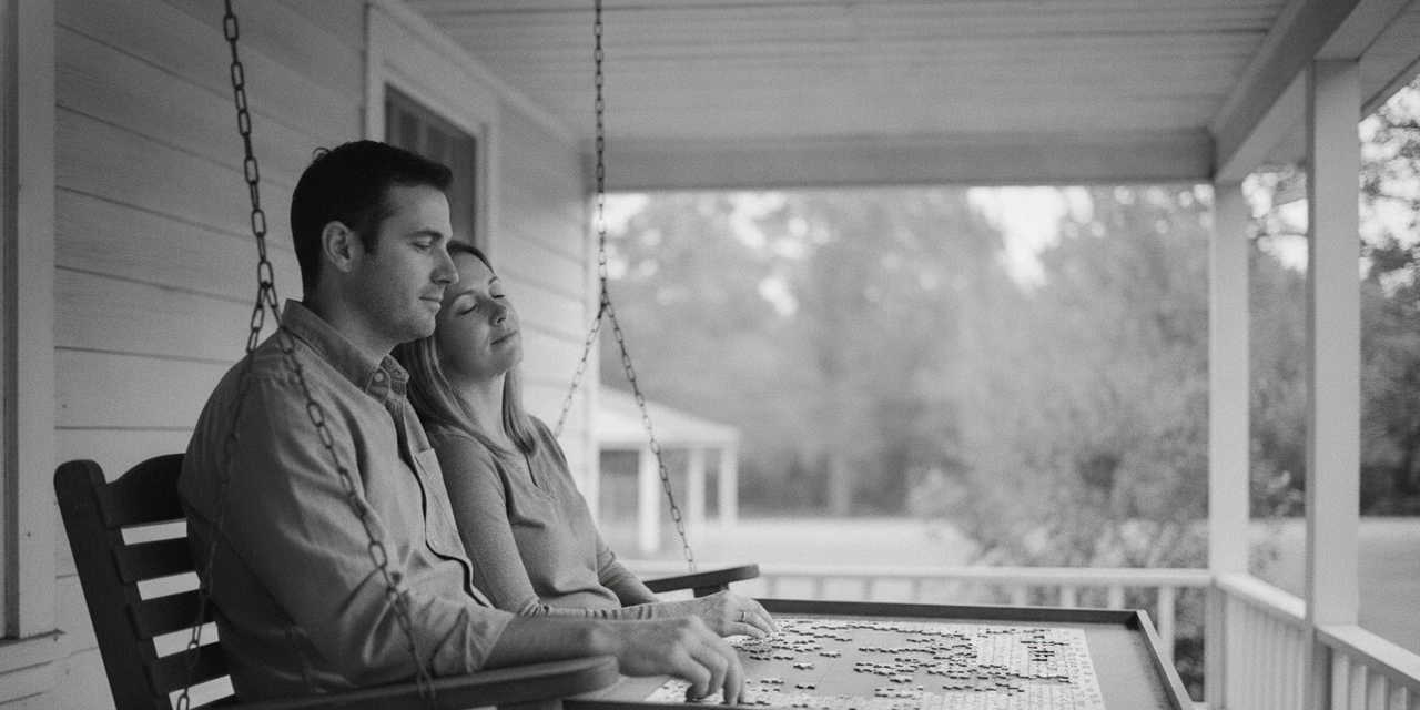 ENTJ and ISTJ compatibility: relaxed together on a porch, an unfinished puzzle waiting between them