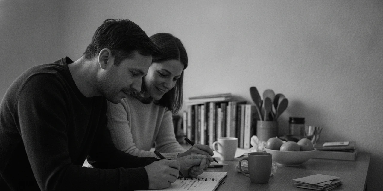 INFP and INFP compatibility: two hands meet mid-sentence in the same notebook, finishing each other's words