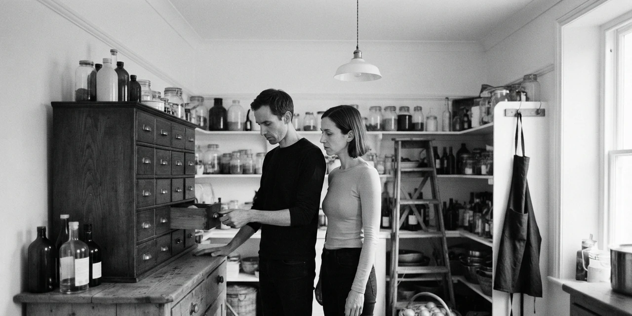 ENFP and ISFJ compatibility: he holds a drawer of an old wooden chest half open while she keeps her palm on its front, not moving
