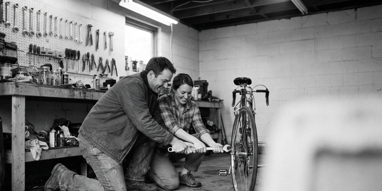 ESFP and ISTP compatibility: kneeling together over a bike repair, pulling the same wrench at once