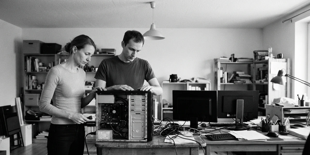 ESTP and INTJ compatibility: she holds a power plug, ready to switch on a computer, while he keeps his palm on its open side panel