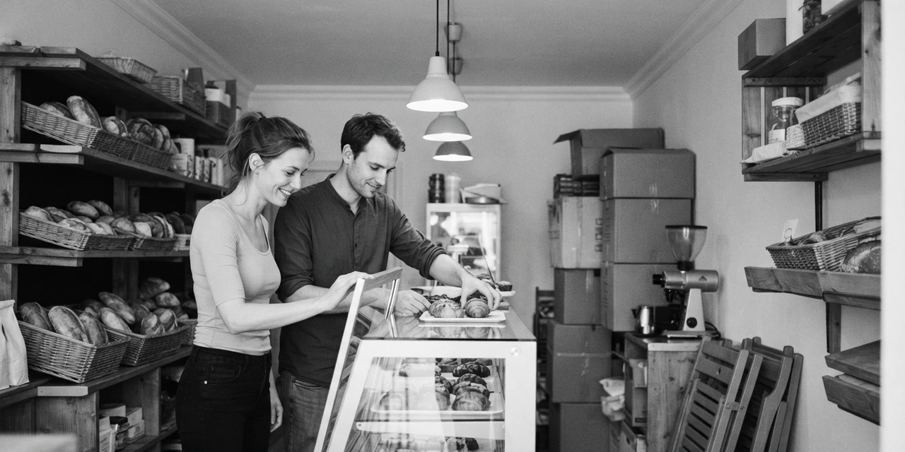 INFJ and ISFP compatibility: he sets the last pastries in the display case of his new bakery while she holds it open and smiles