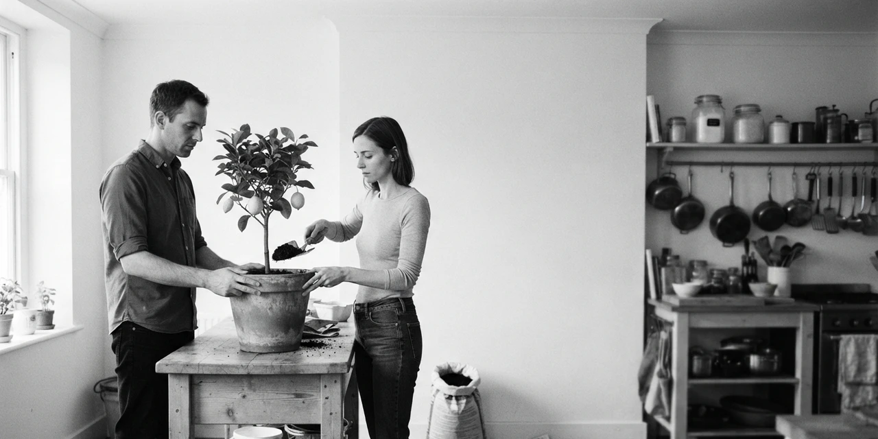 ISFJ and ESTP compatibility: repotting a lemon tree, she stops mid-scoop while he holds the pot and gives it a long level look