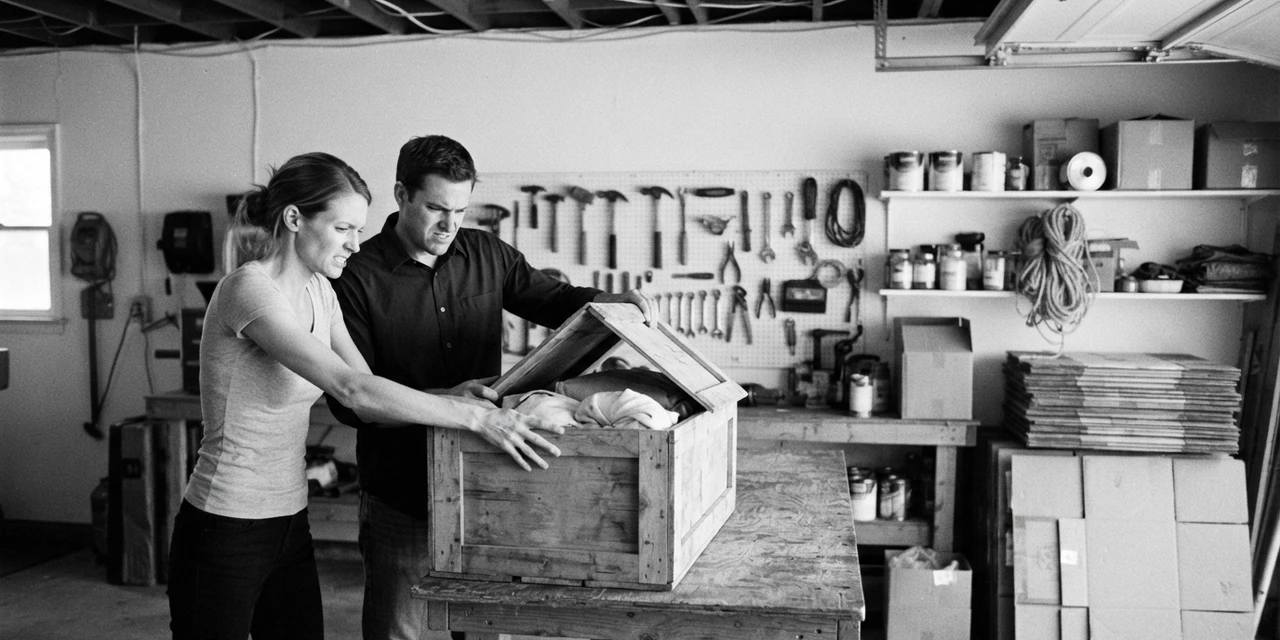 ISFP and ESTJ compatibility: she presses a crate lid shut while he holds the other corner up to repack it