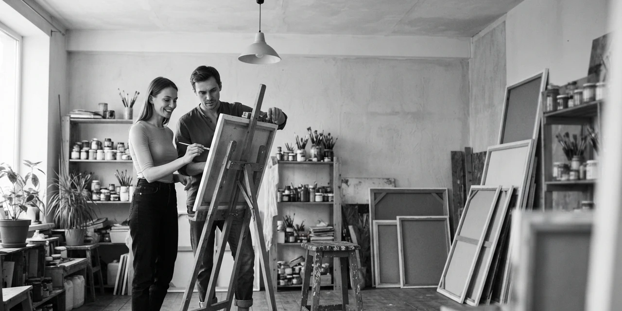 ISFP and INFJ compatibility: she paints at an easel, smiling, while he points to an empty corner of the canvas and talks about it