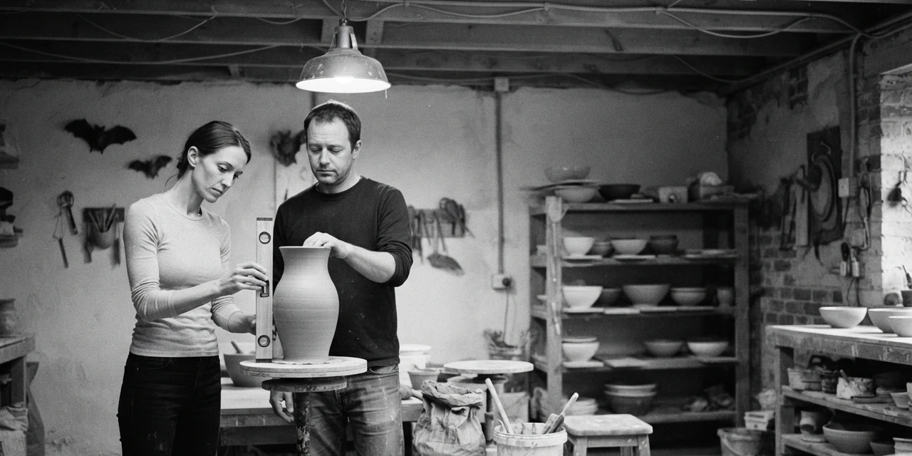 ISTJ and ESFP compatibility: he rests his hands on a clay vase he just made while she checks its side with a small spirit level