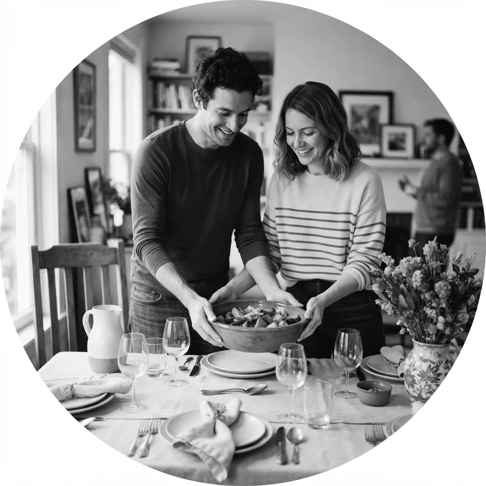 ESFJ personality type, the Beacon: a man and a woman lay a table for guests and carry a large serving dish together