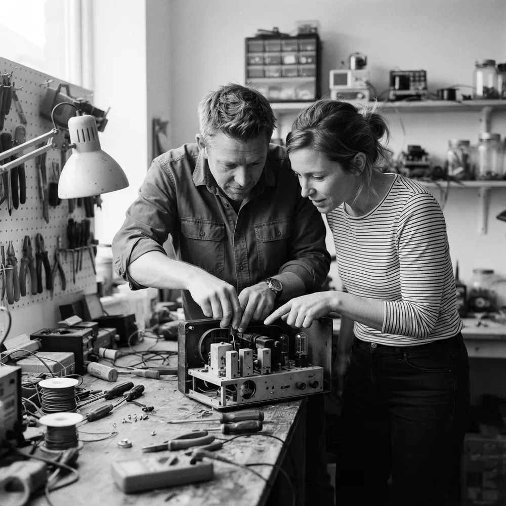 ENTP personality type, the Catalyst: a man and a woman at a workbench take an old radio apart together