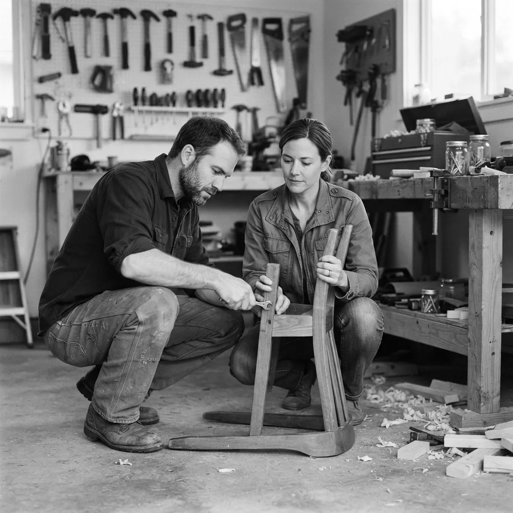 ISTP personality type, the Craftsman: a man and a woman repair a wooden chair together in a garage workshop