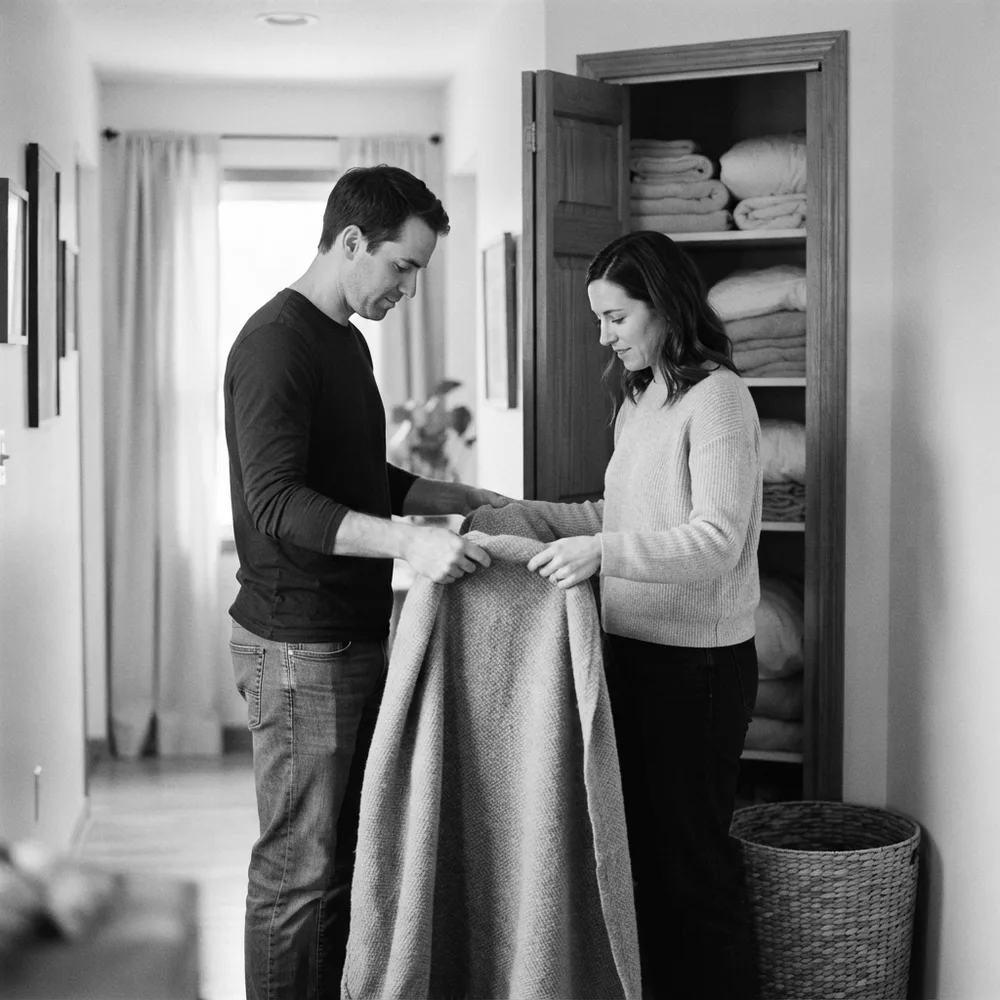 ISFJ personality type, the Custodian: a man and a woman by a linen closet carefully fold a large blanket together