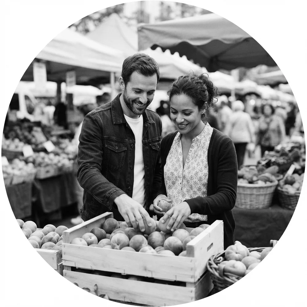 ESFP personality type, the Duke: a man and a woman at a lively market pick fruit together from a big crate