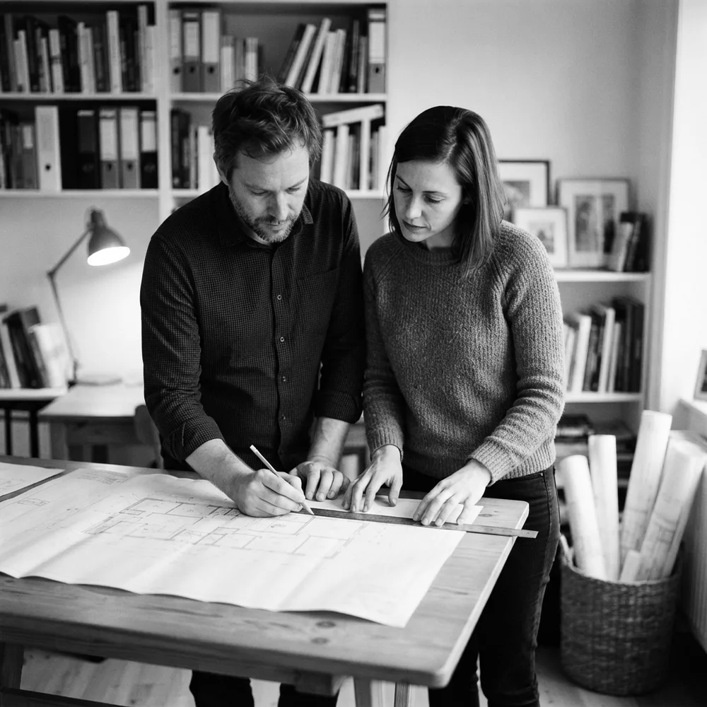 INTJ personality type, the Grandmaster: a man and a woman lean together over a large floor plan on a drafting table