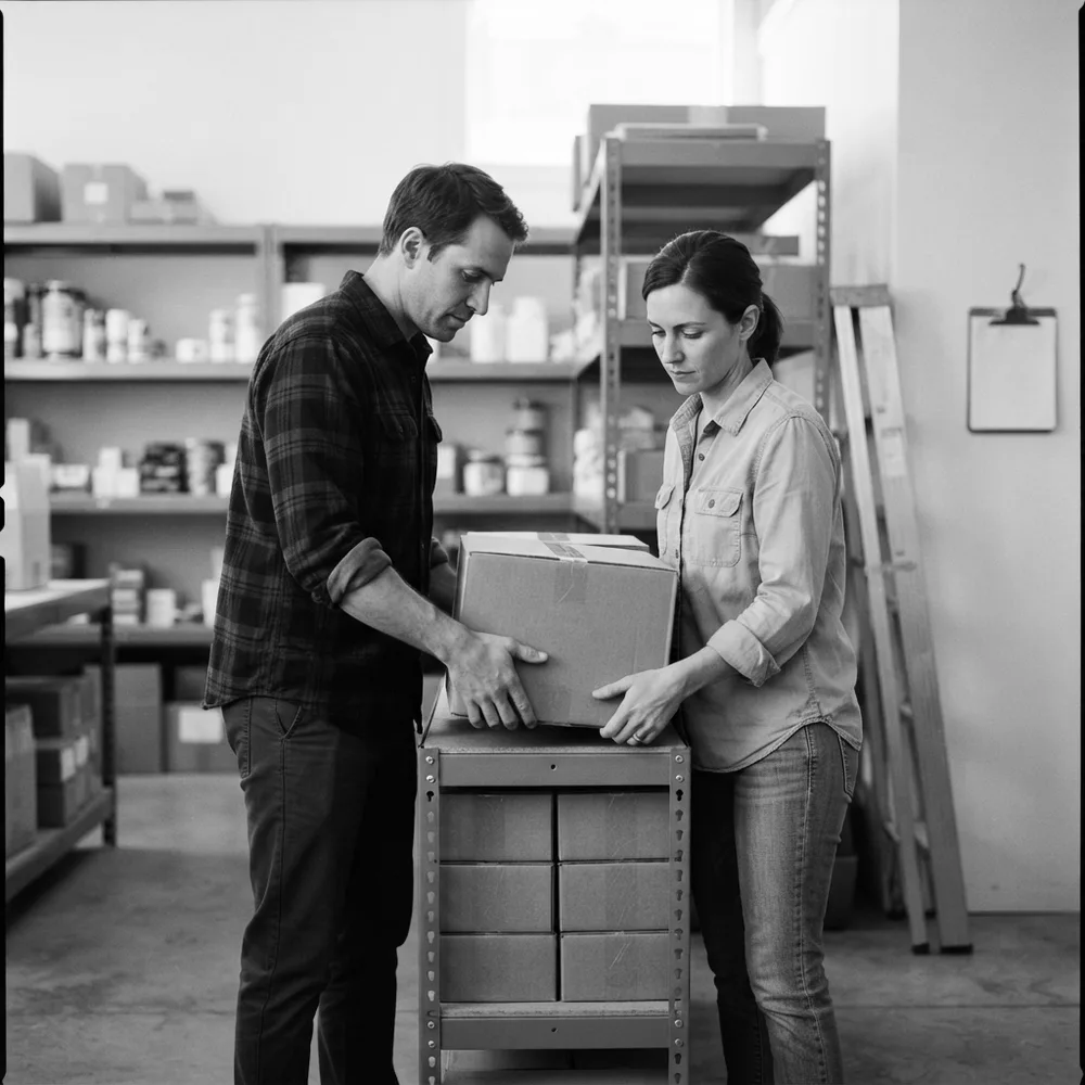 ISTJ personality type, the Sentinel: a man and a woman in a storeroom set a box on a shelf beside neat rows of others